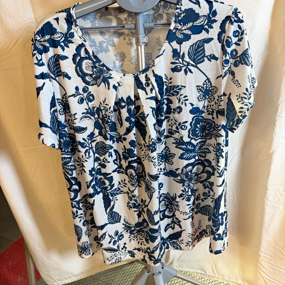 Wiholl Womens 2XL Blue/White Floral V-Neck Button Blouse Stretch Poly/Span